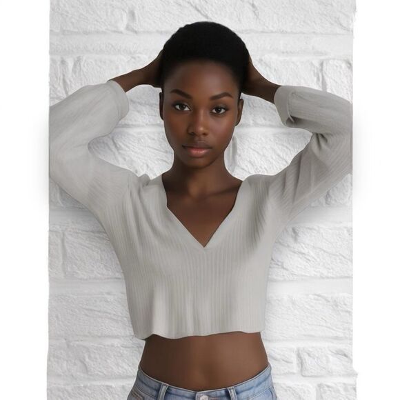 Divided Tops - Divided by H&M Womens Medium Collared Ribbed Knit Long Sleeved Crop Top•Slim Fit